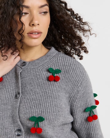Simply Be Grey Short Sleeve Cherry Applique Cardigan