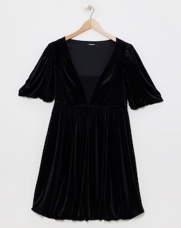 Black Velour Puffball Skater Dress