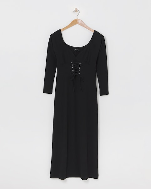 Black Corset Detail Rib Midi Dress