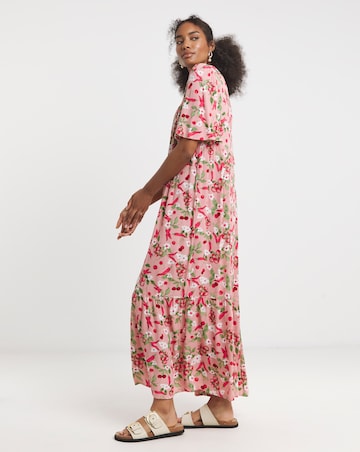 Pink Print Crinkle Button Through Maxi Dress