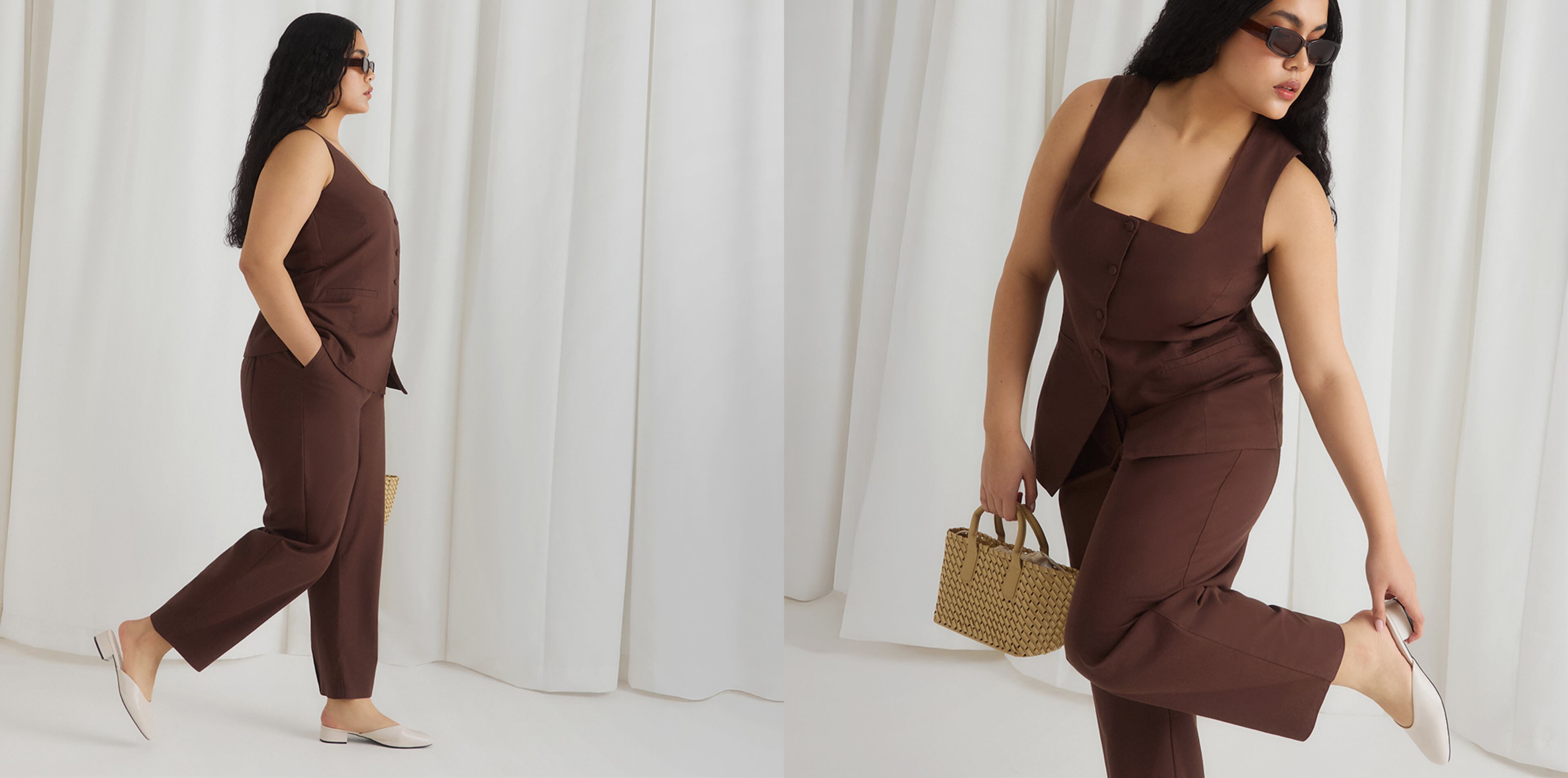 Model wears new season waistcoat, top and trousers in matching chocolate colour