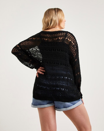 Black Pointelle Wide V Neck Jumper