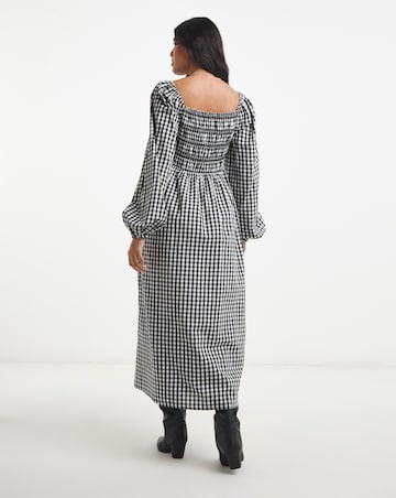 Simply Be Floral Embroidered Mono Gingham Shirred Midi Dress