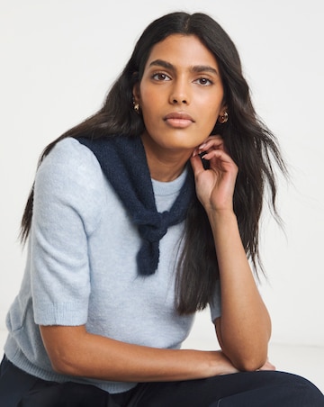 Blue Puff Sleeve Knitted T-Shirt