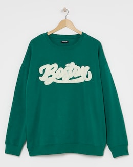 Dark Green Boucle Slogan Sweatshirt