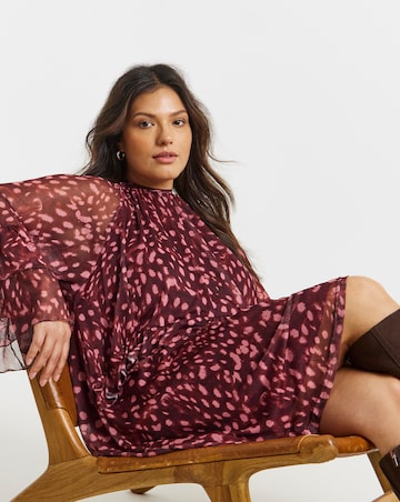 Burgundy Printed Romantic Frill Mesh Smock Dress