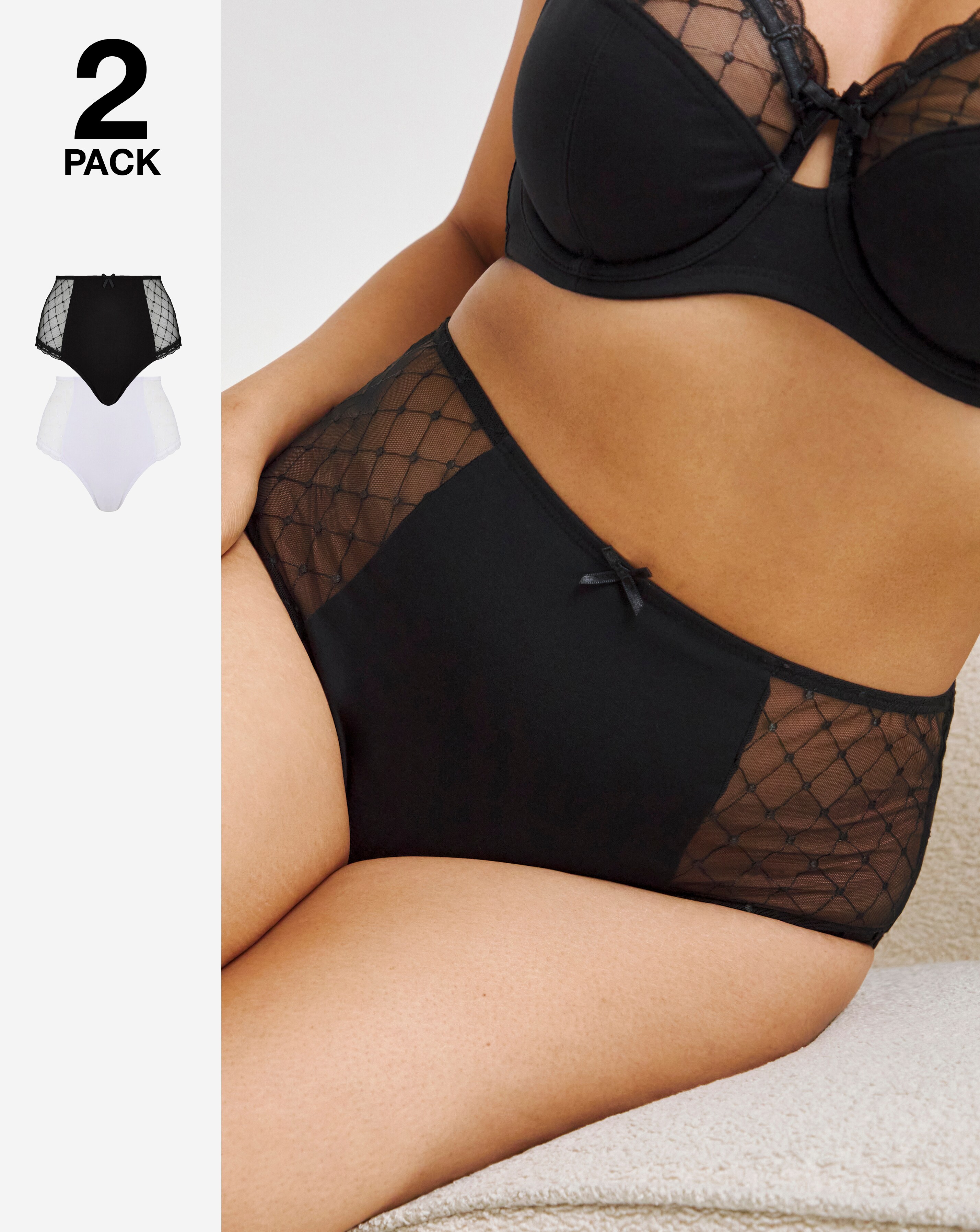 Pretty Secrets (2 Pack) Rachel Embroidery Deep Briefs Black/White