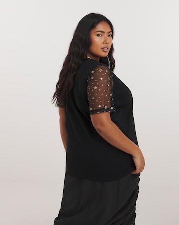Black Mesh Gold Star Print Tee