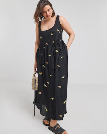 Black Embroidered Fruit Midi Sundress