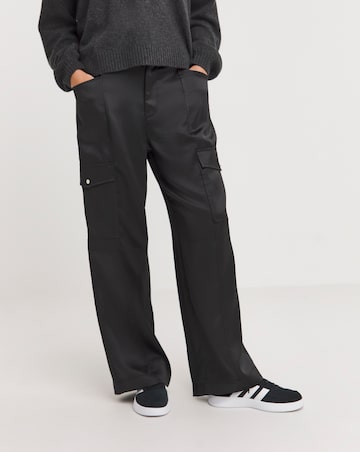 Black Stretch Satin Cargo Wide Leg Trousers