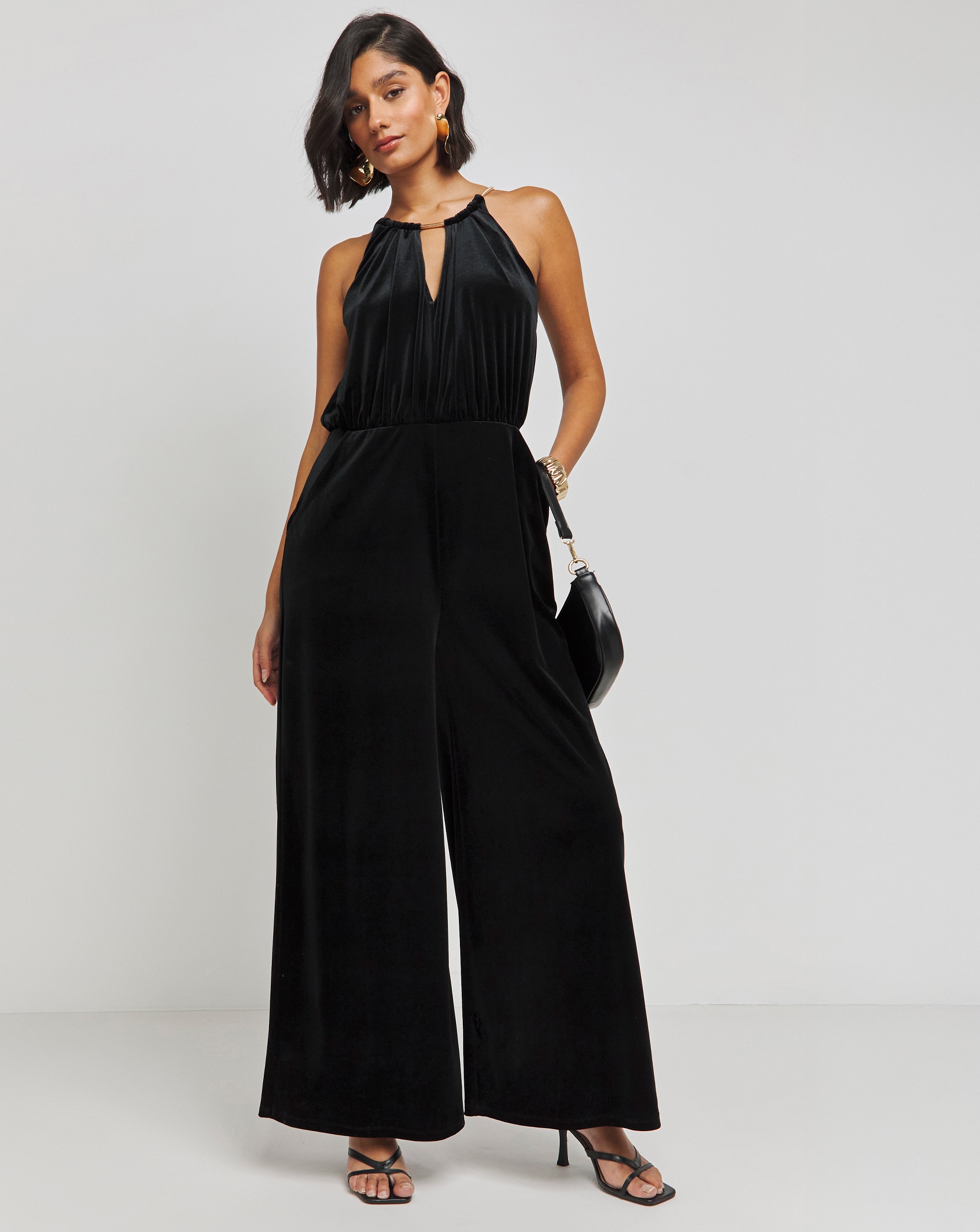 Black Velour Wide Leg Jumpsuit