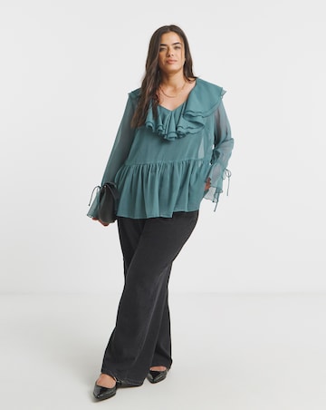 Teal Ruffle Front V Neck Blouse