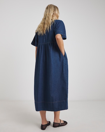 Mid Blue Denim Tie Front Midi Dress