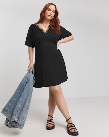 Black Waffle Lace Trim Skater Dress