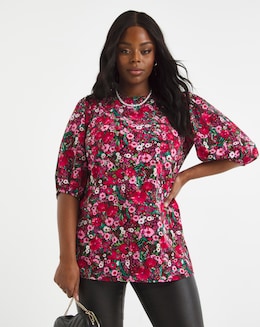 Floral Print Shirred Longline Boxy Top