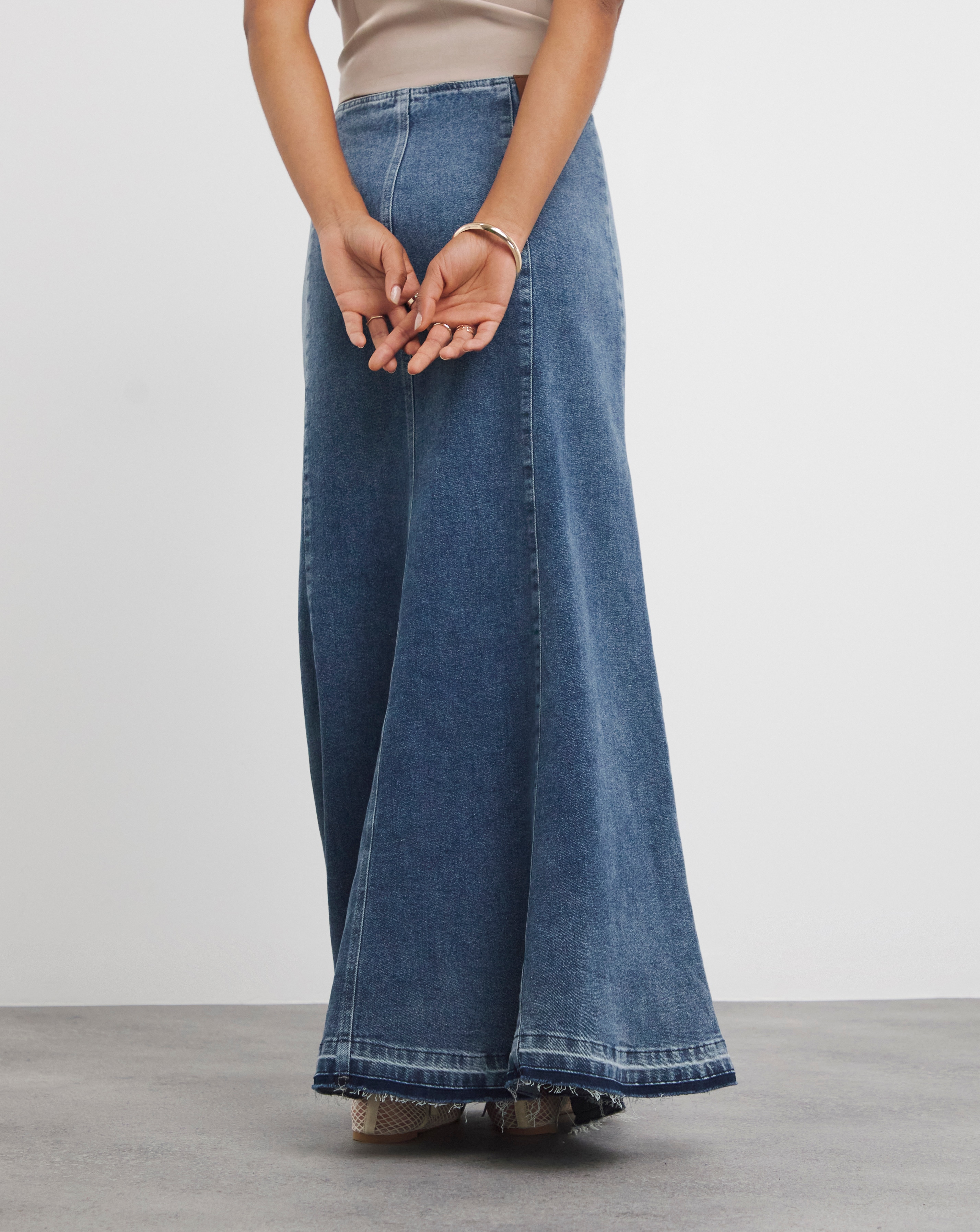 Mid Wash Fit and Flare Denim Maxi Skirt Simply Be