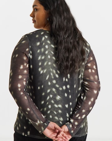 Green Deer Print Square Neck Mesh Top