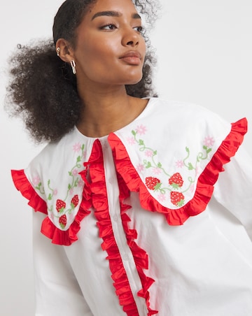 Neon Rose Embroidered Cotton Poplin Blouse with Strawberry Embroidery