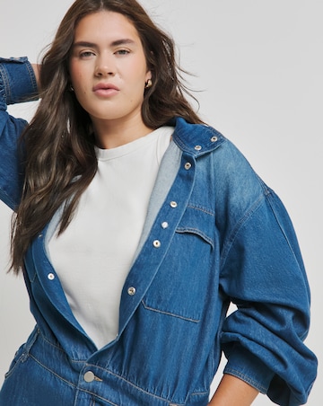 Mid Wash Authentic Look Drape Denim Jumpsuit