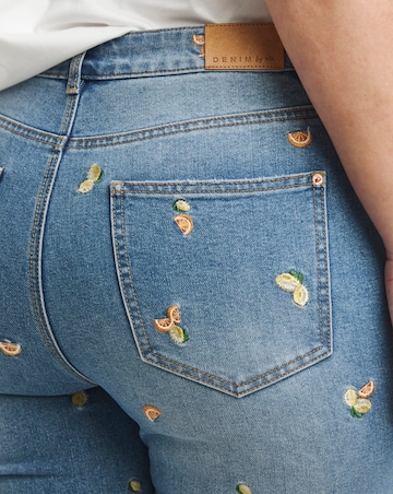 Mid Blue Fruit Embroidered Slim Mom Jeans