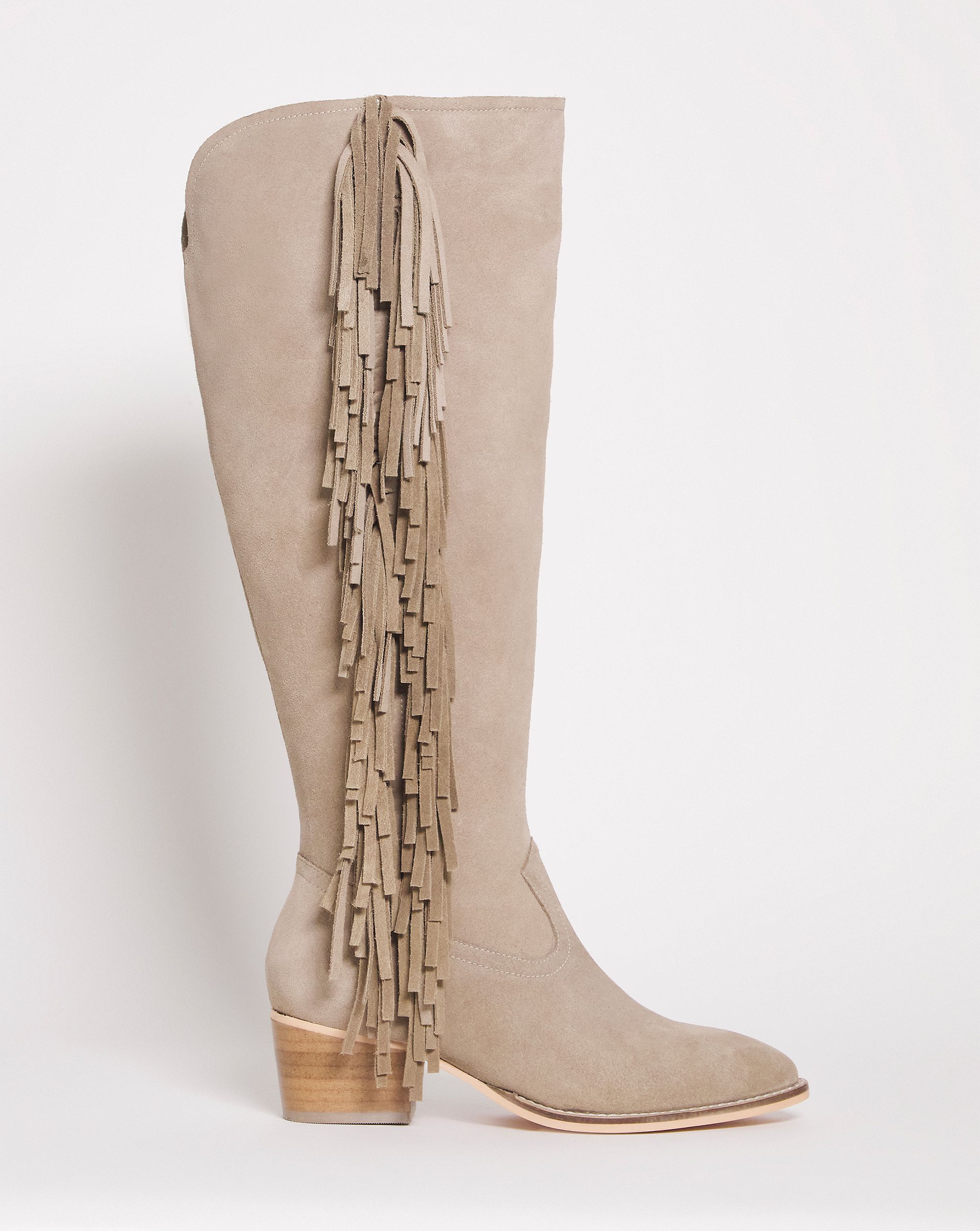 Fringe detail boot in sand suede