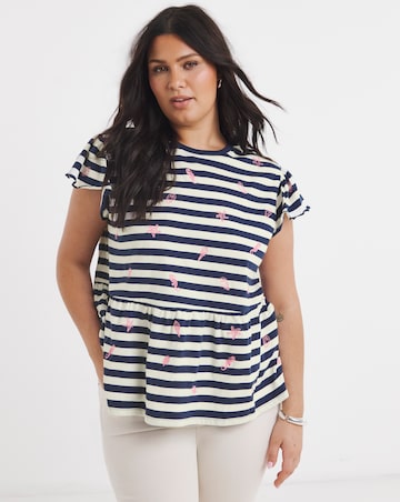 White & Blue Stripe Embroidered Seaside Peplum Top
