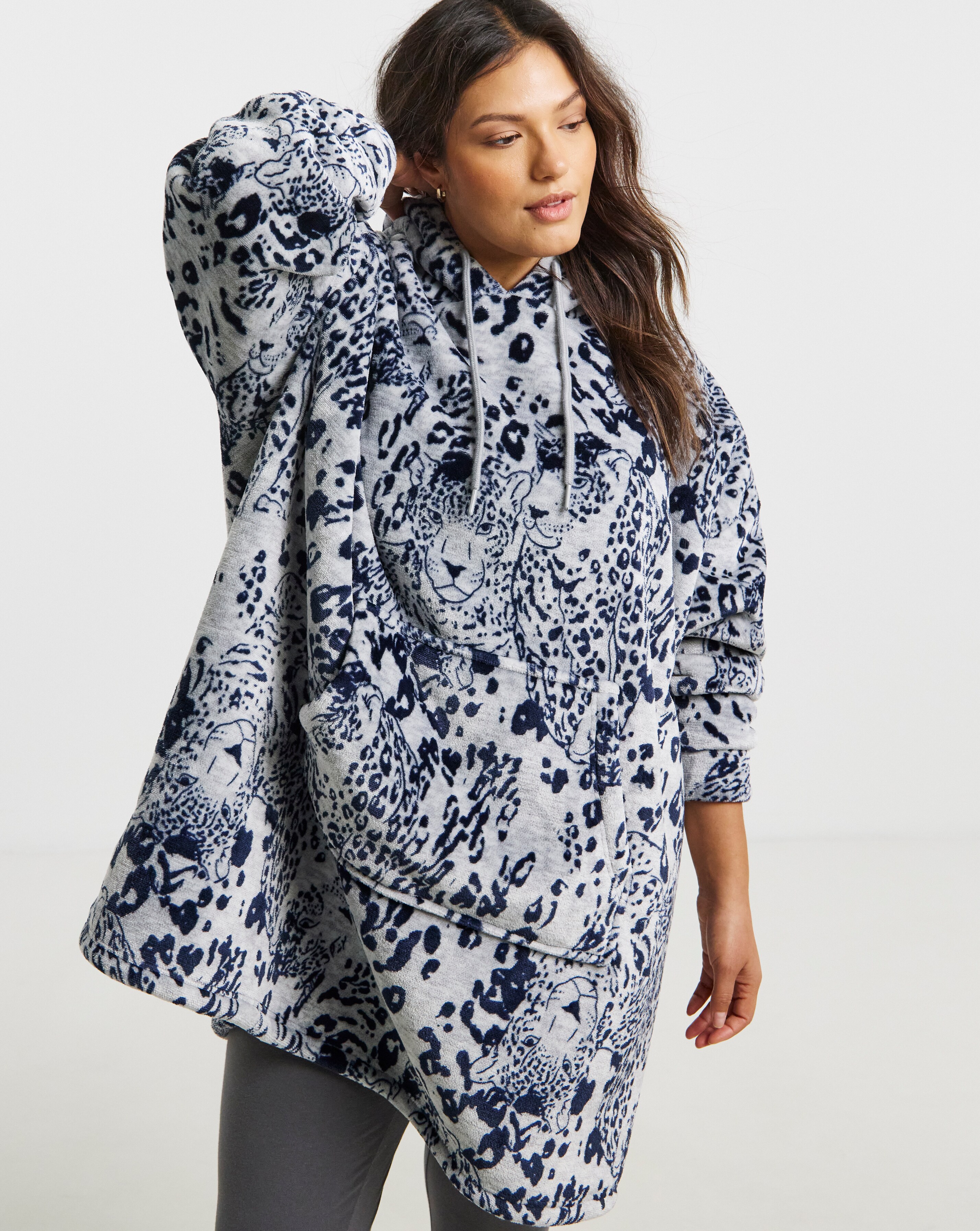 Oversized Leopard Print Fleece Hooded Lounge Dress