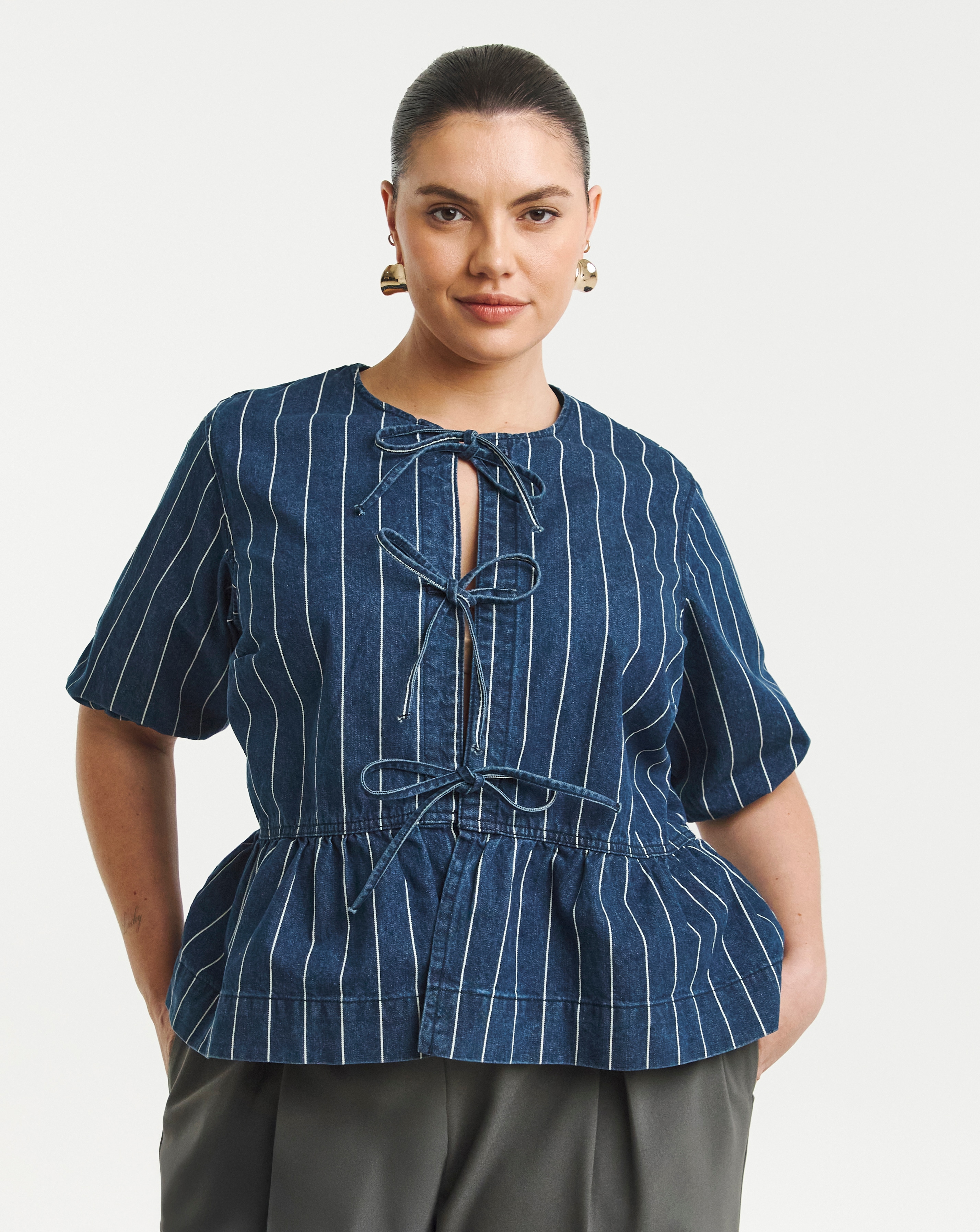 Striped Blue Tie Front Denim Peplum Blouse | Simply Be