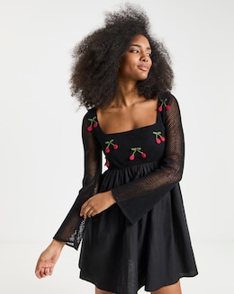 Simply Be Black Crochet Cherry Detail Skater Dress