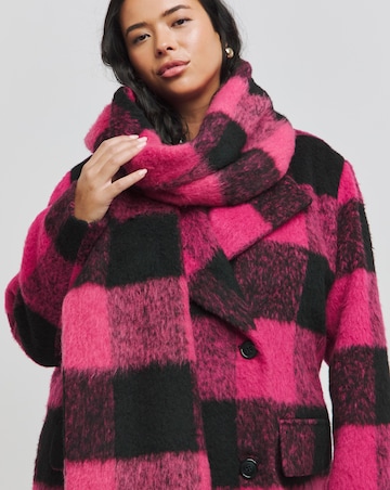 Pink Blanket Check Faux Wool Maxi Scarf Coat