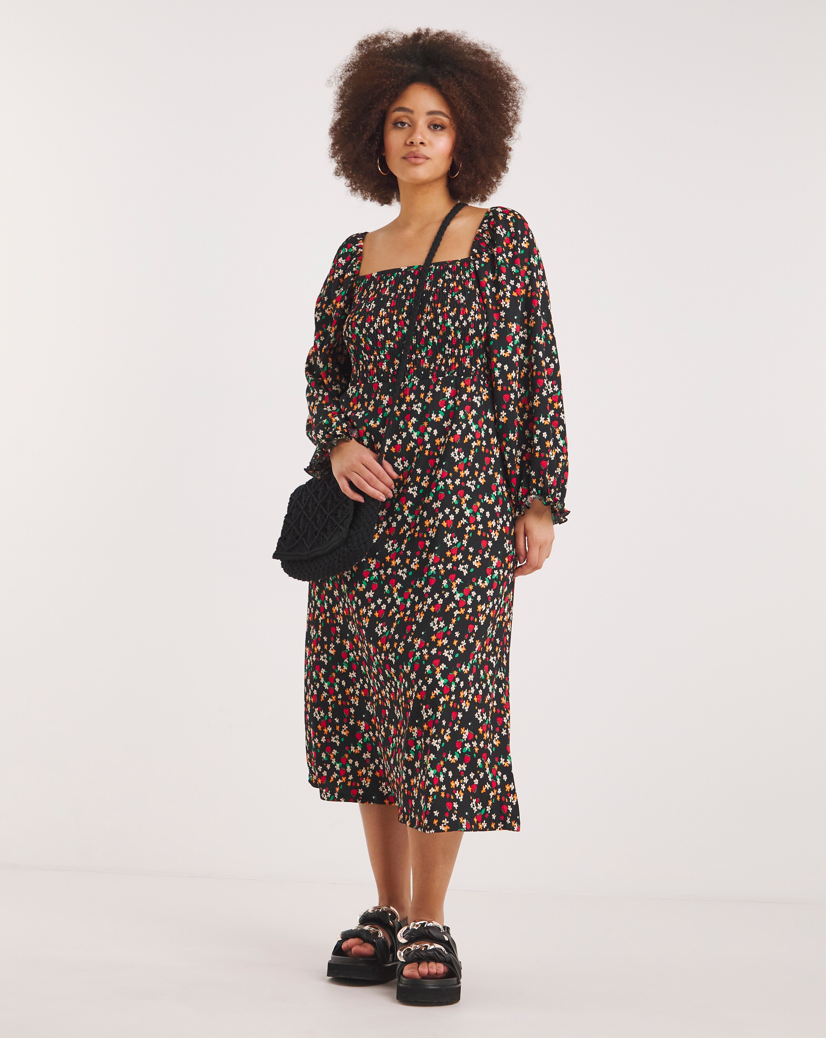 Ditsy Print Long Sleeve Shirred Midi Dress Simply Be