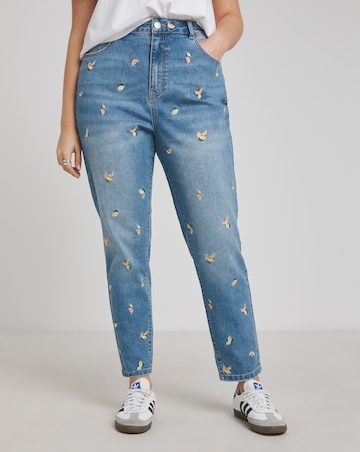 Mid Blue Fruit Embroidered Slim Mom Jeans