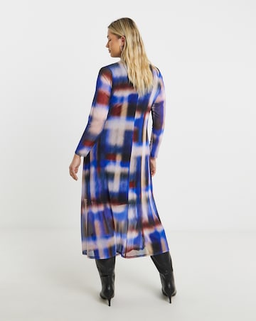 Check Print Ruched Mesh Midi Dress
