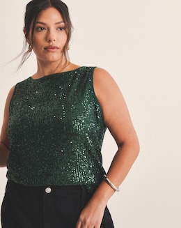 Dark Green Linear Sequin Bow Shoulder Tank Top
