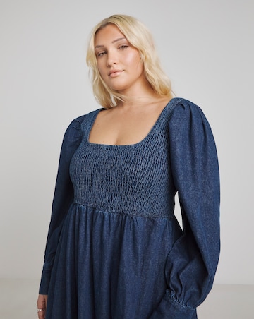 Dark Blue Denim Shirred Maxi Smock Dress