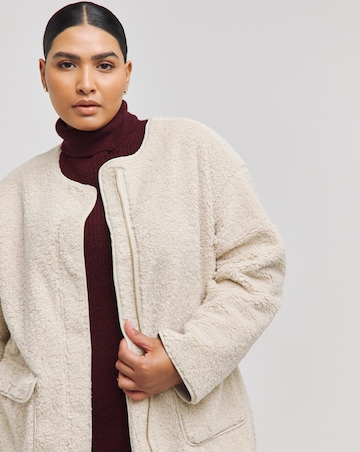Neutral Collarless Teddy Maxi Coat