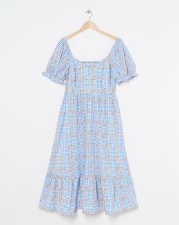 Gingham Print Sweetheart Neck Midi Dress