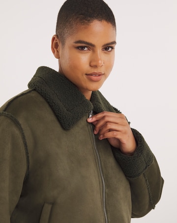 Khaki Zip Through Suedette Aviator