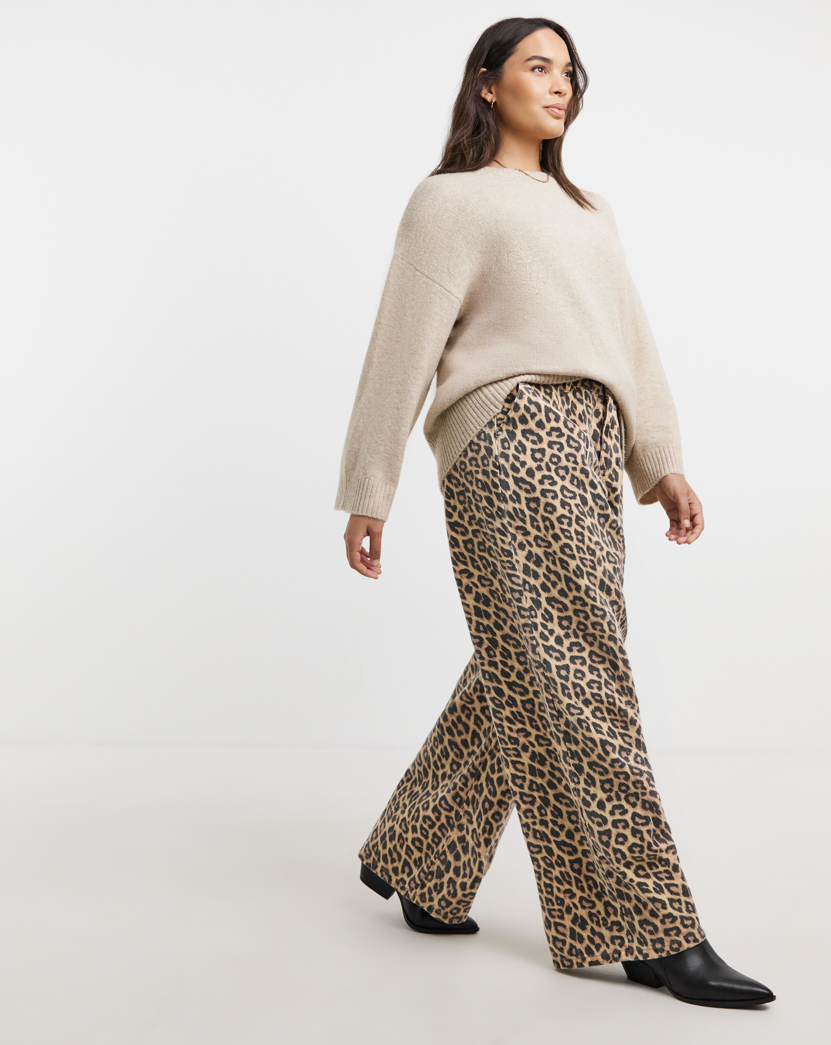 Simply Be Leopard Print Denim Pleat Wide Leg Jeans