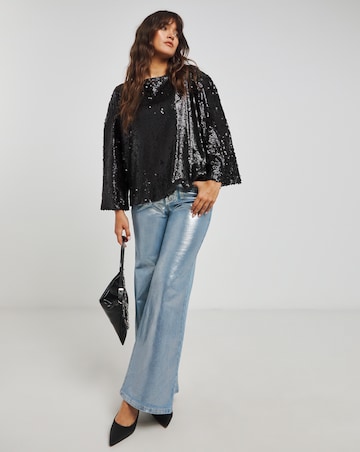 Black Flared Sleeve Matte Sequin Top