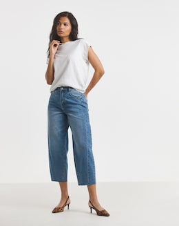 Mid Blue Cropped Barrel Leg Jeans