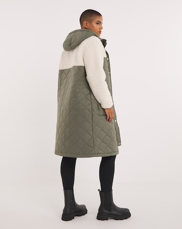 Khaki Quilted Shearling Hooded Maxi Coat