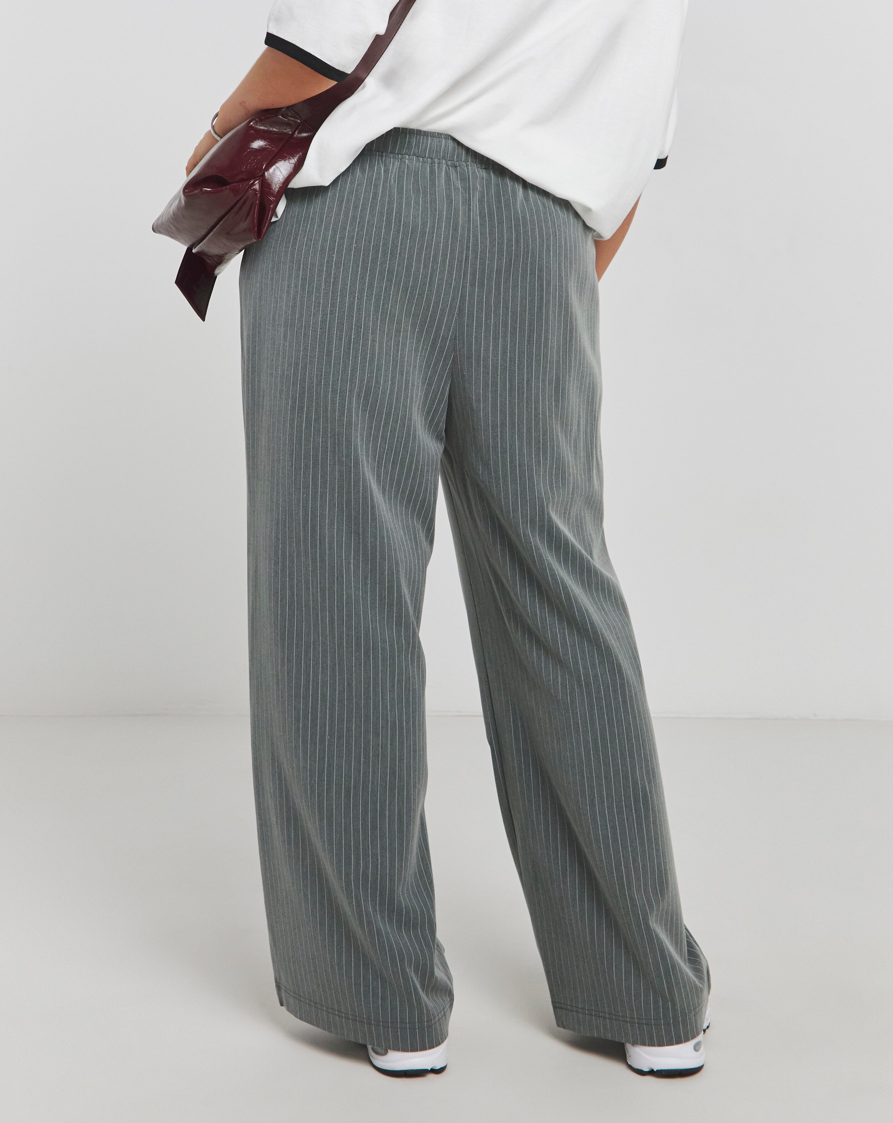 Grey Pinstripe Drawcord Waist Wide Leg Trousers | Simply Be