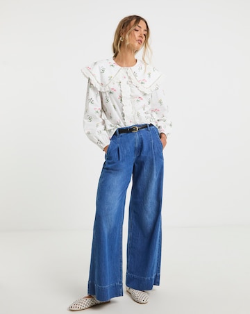 Neon Rose Floral Cotton Poplin Blouse with Broderie Frills