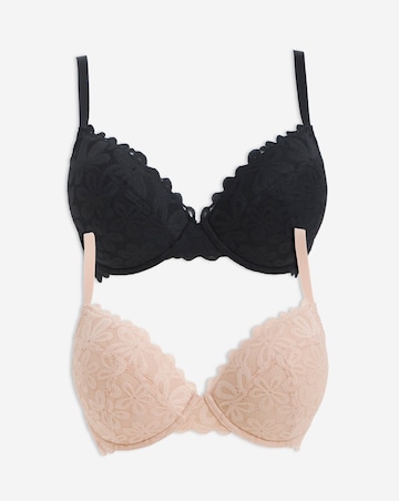 Pretty Secrets 2 Pack Daisy Lace Plunge Bras B-F - Black/Almond
