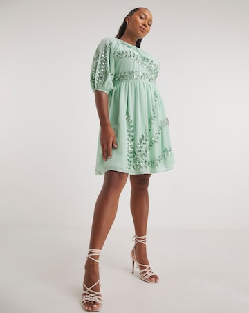 Maya Curve Puff Sleeve Floral Sequin Embroidered Mini Dress