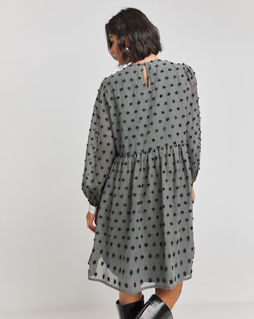 Grey Spot Oversized Dobby Long Sleeve Smock Dress