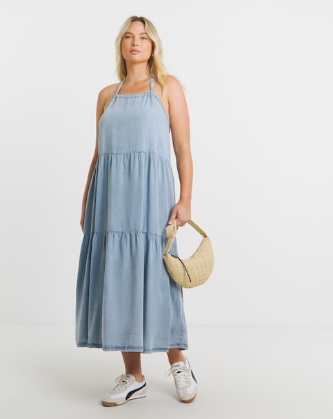 Simply Be - Women's Blue Halter Tiered Maxi Dress - Size 20 - Light wash - 100% Lyocell - Sustainable