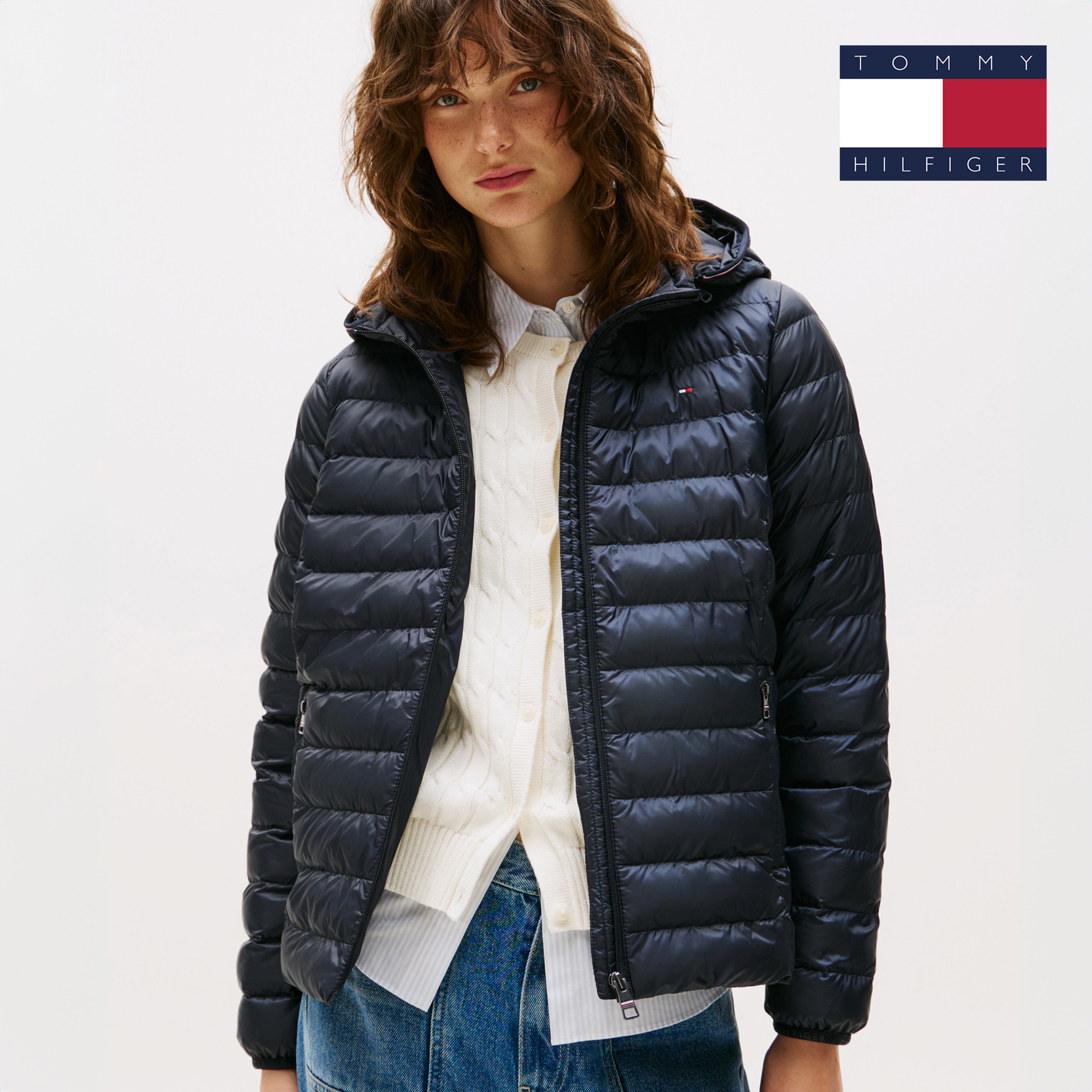 Model wears puffa jacket from Tommy Hilfiger