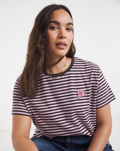 Chocolate & Pink Stripe Flower Bead Pocket Detail T-Shirt